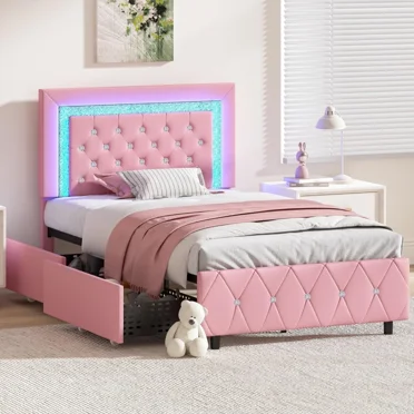 4 EVER WINNER Twin Size LED Bed Frame with 2 drawers, Pink Twin Bed Frame with LED Light and Diamond Headboard, Modern Upholstered Bed for Kids, Pink