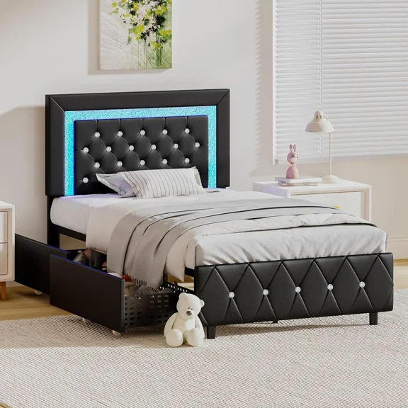 4 EVER WINNER Twin Size LED Bed Frame, Upholstered Platform Bed with 2 Storage Drawers, Black Bed Frame Twin Size, Adjustable LED Lights Headboard, Black