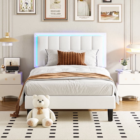4 EVER WINNER Twin Size LED Bed Frame, White Twin Bed Frame with LED Light Headboard, Modern Bed Frame Twin Size, White