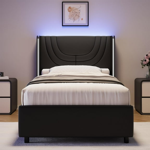4 EVER WINNER Twin Size LED Bed Frame, Wingback Platform Bed with Upholstered Headboard, Black