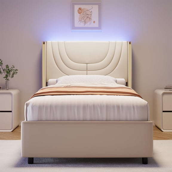 4 EVER WINNER Twin Size LED Bed Frame, Wingback Platform Bed with Upholstered Headboard, Off-White