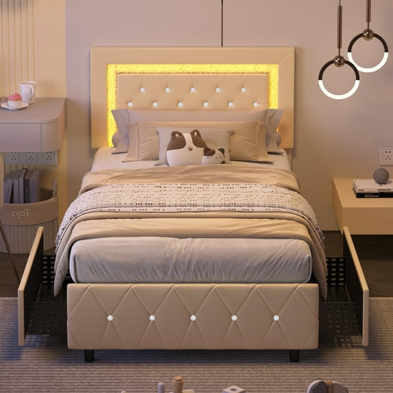 4 EVER WINNER Twin Size LED Bed Frame with 2 Drawers, Twin Bed Frame with LED Light and Diamond Headboard, Modern Upholstered Bed Twin Size, Yellow