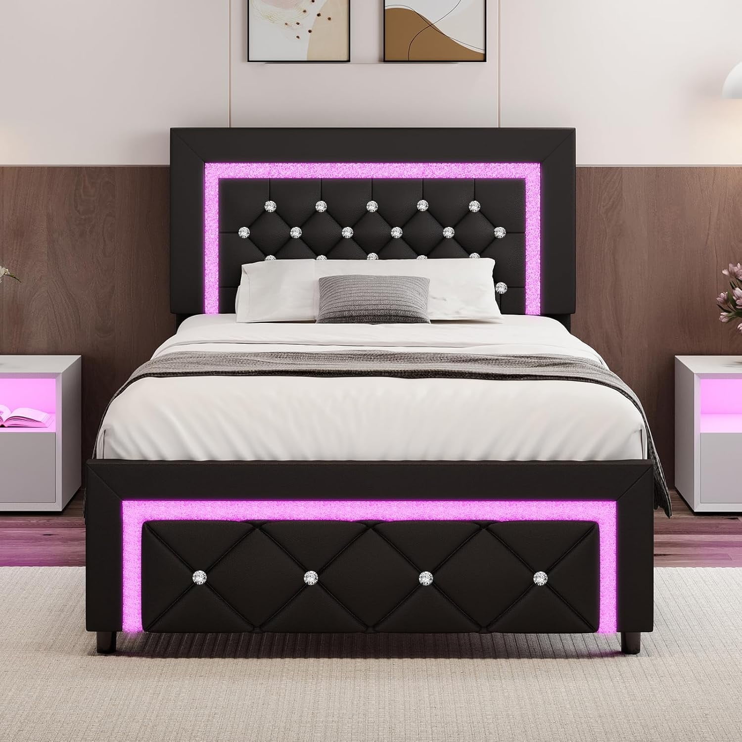 4 EVER WINNER Twin Size LED Bed Frame with Headboard，Upholstered Platform Bed Frame with LED Lights，Diamond Tufted Headboard and Footboard，Black