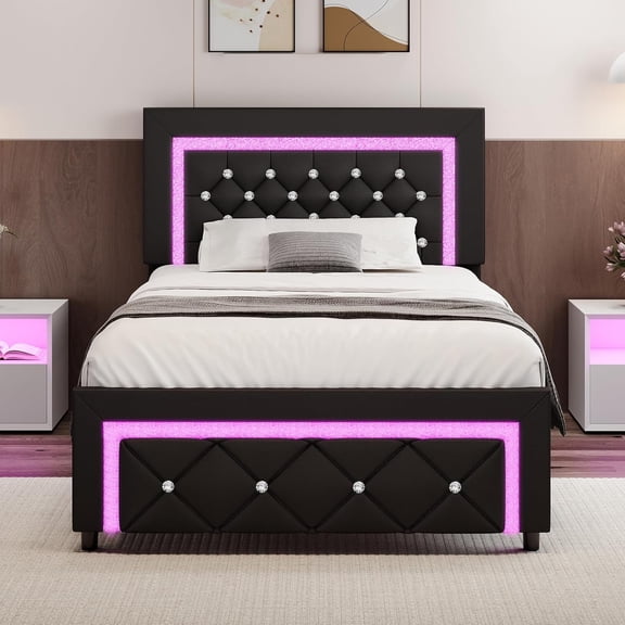 4 EVER WINNER Twin Size LED Bed Frame with Headboard,Upholstered Platform Bed Frame with LED Lights,Diamond Tufted Headboard and Footboard,Black