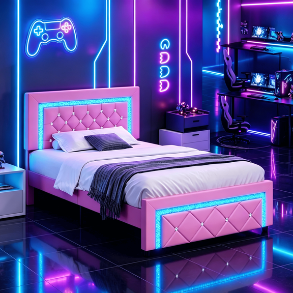 4 Ever Winner Twin Size Upholstered Platform Bed Frame, LED Bed Frame with Diamond Tufted Headboard and Footboard, Pink