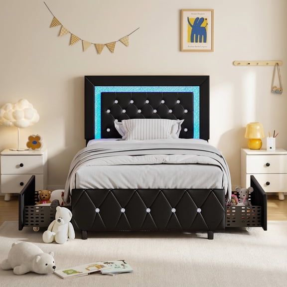 4 EVER WINNER Twin Size LED Bed Frame with Storage, Upholstered Platform Bed with 2 Drawers, Adjustable LED Lights Headboard, Black