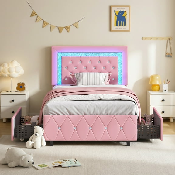 4 EVER WINNER Twin Size LED Bed Frame with Storage, Upholstered Platform Bed with 4 Drawers, Adjustable LED Lights Headboard, Pink