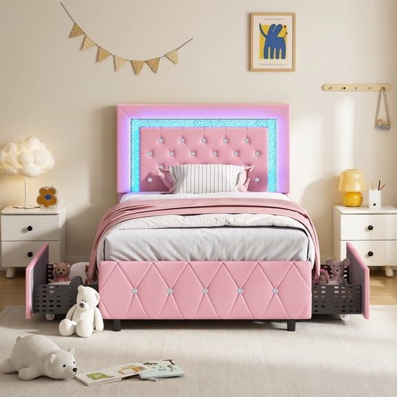 4 EVER WINNER Twin Size LED Bed Frame with Storage, Upholstered Platform Bed with 2 Drawers, Adjustable LED Lights Headboard, Pink