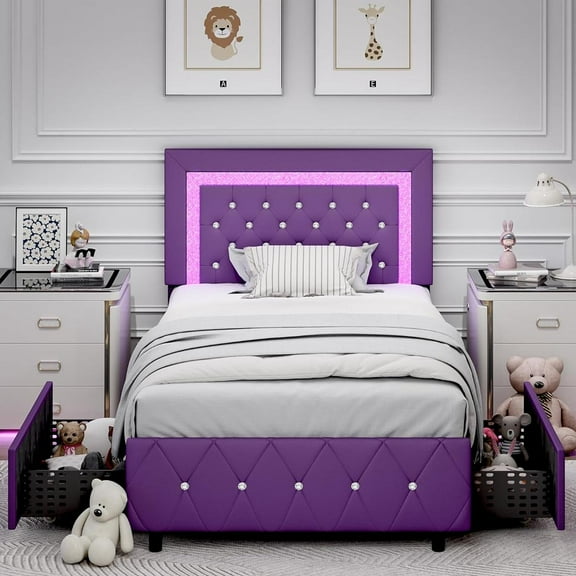 4 EVER WINNER Twin Size LED Bed Frame with Storage, Upholstered Platform Bed with 2 Drawers, Adjustable LED Lights Headboard, Purple