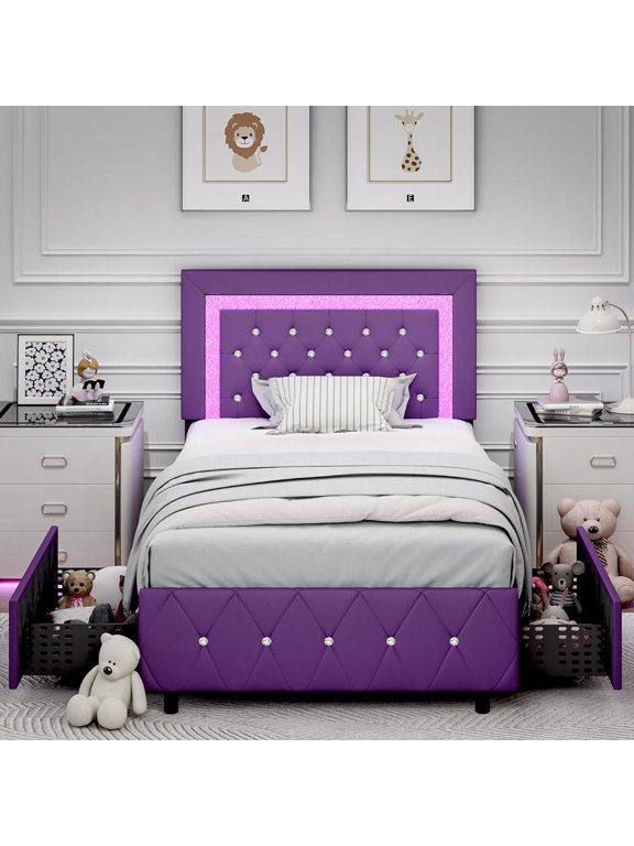 Twin Size LED Bed Frame with Storage, Upholstered Platform Bed with 2 Drawers, Adjustable LED Lights Headboard, Purple