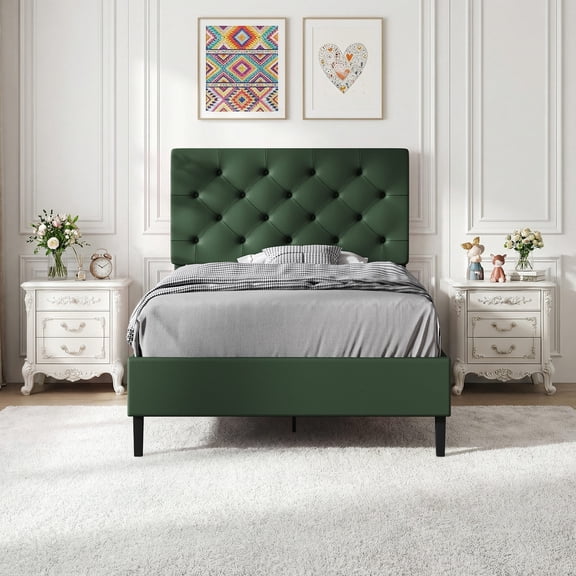 4 EVER WINNER Twin Size Platform Bed Frame with Faux Leather Upholstered Headboard, Bed Frame Twin with Button Tufted Design, No Box Spring Needed, Noise Free, Easy Assembly,Green