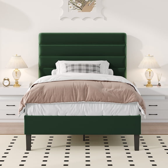 4 EVER WINNER Twin Size Platform Bed Frame, Horizontal Stitched Green Velvet Headboard, Durable Wooden Slat Support, Anti-Squeak Design, No Box Spring Needed