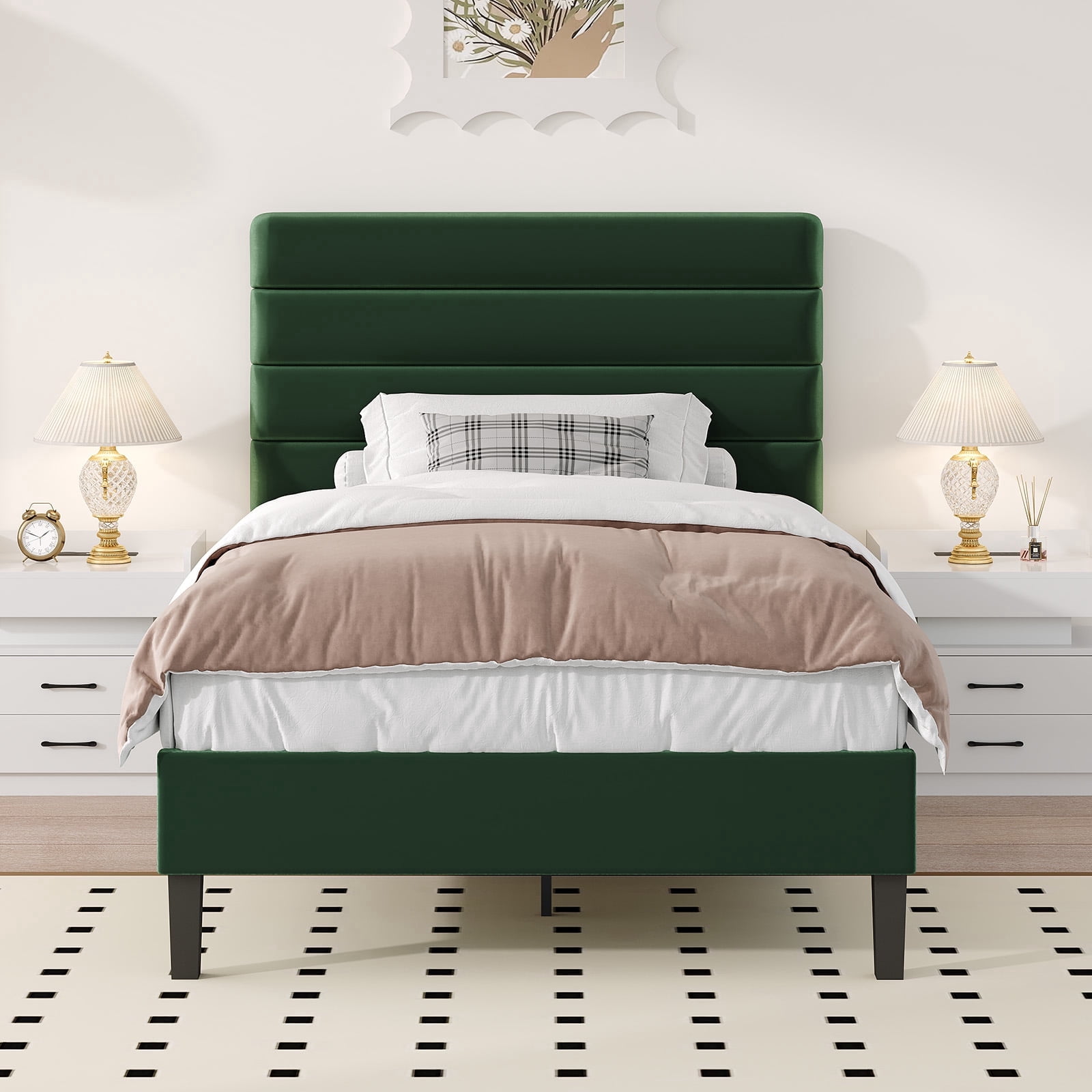 4 Ever Winner Twin Size Platform Bed Frame, Horizontal Stitched Green Velvet Headboard, Durable Wooden Slat Support, Anti-Squeak Design, No Box Spring Needed