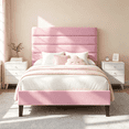 thumbnail image 1 of 4 Ever Winner  Twin Size Platform Bed Frame, Horizontal Stitched Velvet Upholstered Headboard, Wooden Slat Support, No Box Spring Required, Easy Setup, Pink, 1 of 11