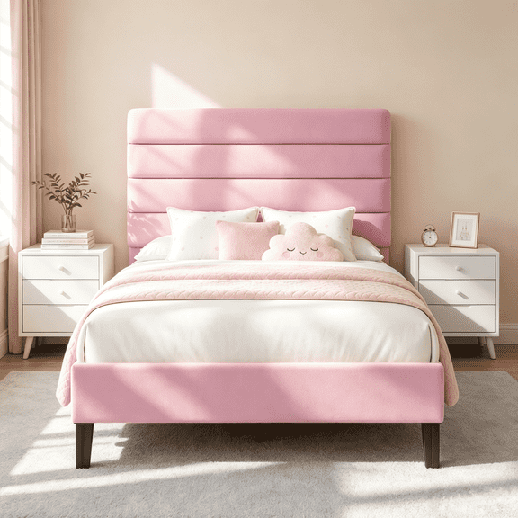 4 Ever Winner Twin Size Platform Bed Frame, Horizontal Stitched Velvet Upholstered Headboard, Wooden Slat Support, No Box Spring Required, Easy Setup, Pink
