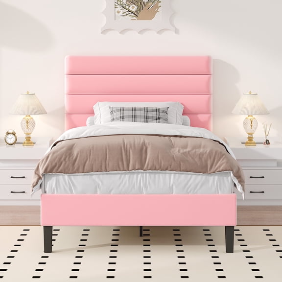 4 EVER WINNER Twin Size Platform Bed Frame, Horizontal Stitched Velvet Upholstered Headboard, Wooden Slat Support, No Box Spring Required, Easy Setup, Pink