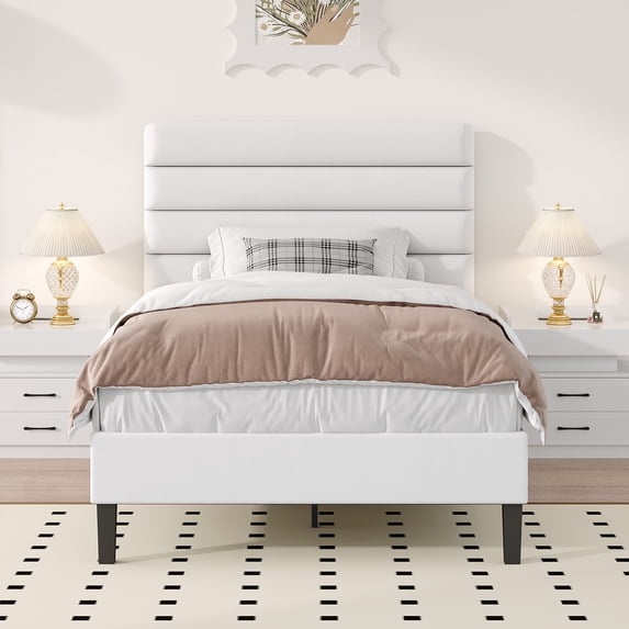 4 EVER WINNER Twin Size Platform Bed Frame with Velvet Upholstered Headboard and Wooden Slats Support, Fully Upholstered Mattress Foundation, Noise-Free, No Box Spring Needed, Easy Assembly, White