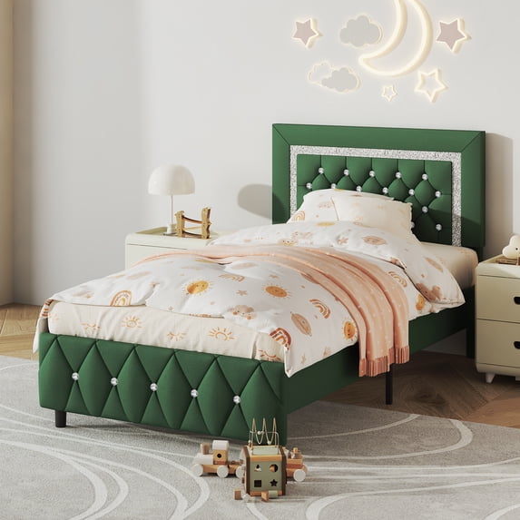 4 EVER WINNER Twin Size Upholstered Bed with Diamond Headboard and Footboard, Green