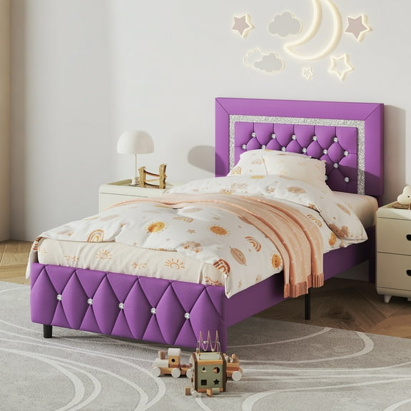 4 EVER WINNER Twin Size Upholstered Bed with Diamond Headboard and Footboard, Purple