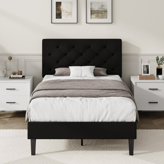 4 EVER WINNER Twin Size Upholstered Platform Bed Frame with Headboard, Black