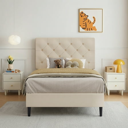 4 EVER WINNER Twin Size Upholstered Platform Bed Frame with Headboard, Cream