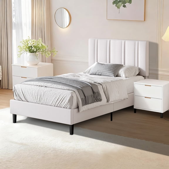 4 EVER WINNER Twin Size Vertical Striped Upholstered Bed Frame, Modern Solid Slat Support, No Box Spring Required, Tool-Included Quick Assembly, White