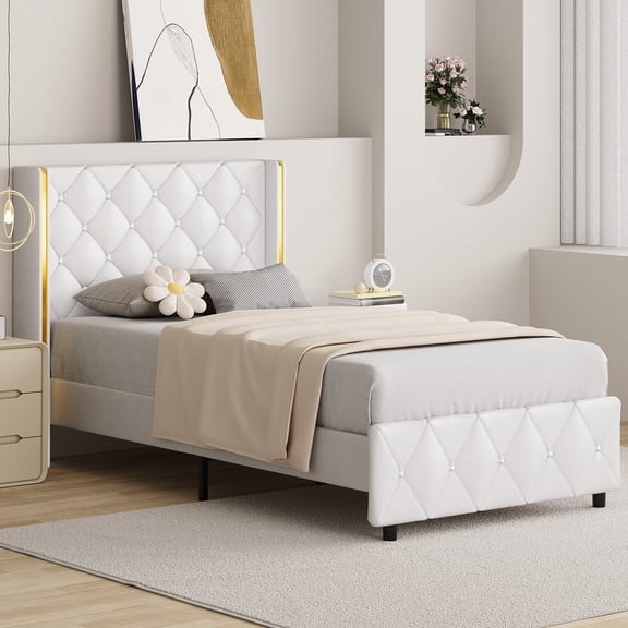 4 EVER WINNER Twin Size White Faux Leather Bed Frame, Fashion Gold-Trim Tufted Headboard, Space-Saving, No-Box-Spring Simple Assembly