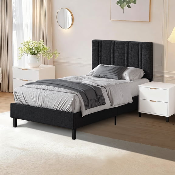 4 EVER WINNER Twin Size Wide-Narrow Vertical Striped Upholstered Bed Frame, Modern Sturdy Slat Support, No Box Spring Needed, Hardware Included Easy Assembly, Black