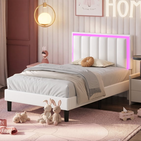 4 EVER WINNER Twin White LED Upholstered Bed Frame, Premium PU Leather Headboard, Heavy-Duty Support, No Box Spring Required, Easy Setup