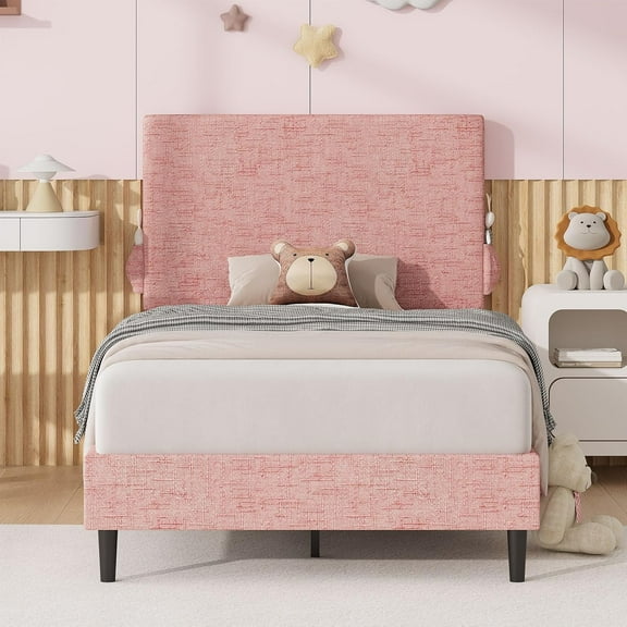 4 EVER WINNER Twin bed frame, Chenille Fabric Upholstered Platform Bed with Headboard, Pink Twin Size Bed Frame, Pink