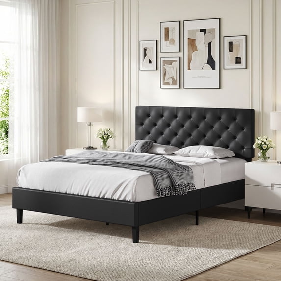 4 EVER WINNER Upholstered Full Size Bed Frame with Button Tufted Headboard, Linen Platform Bed with Thickened Support Legs, Noise-Free/No Box Spring Needed/Easy Assembly, Black