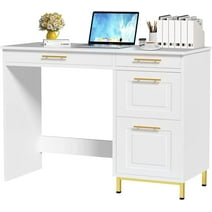 4 EVER WINNER White Computer Desk with Drawer, White and Gold Desk, Home Office Desk for Small Space, White
