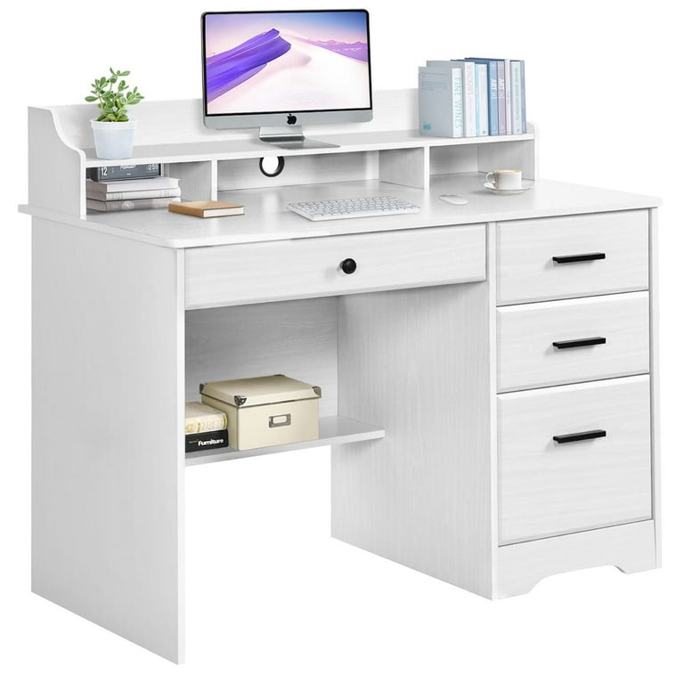 4 EVER WINNER Wood Study Table Easy to Put Together Home Office Writing Desk with Hutch Shelf 4 Drawers White Walmart