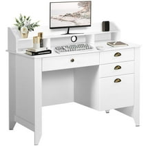 4 EVER WINNER White Desk with Drawers, Computer Desk with File Drawer, Home Office Desk with Storage, White