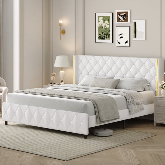 4 EVER WINNER White Full Bed Frame with Gold-Trim Faux Leather Headboard, Button Tufted Design, Box Spring-Free, Simple Assembly