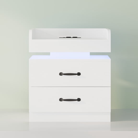 4 EVER WINNER White Night Stand with Charging Station,Wood Nightstand with 2 Drawers Modern Style, LED Lights Wooden End Tables with Metal Handle Bedside Table for Living Room Bedroom