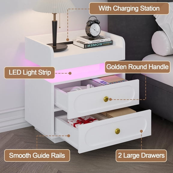4 EVER WINNER White Nightstand Set of 2 with Adjustable LED Lights and Charging Station Modern Bedside Tables with 2 Drawers, Floating Design End Tables for Bedroom Living Room