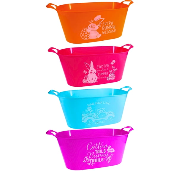 (4) Easter Printed Basket Set with Handles, 15.82x6.57 in. Plastic Spring-Themed Buckets Party Favors Treats Egg Hunts Container Holiday Baskets Decorative Box Gift Home Organizer Color May Vary