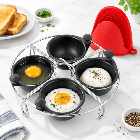 4 Egg Cups Tray Stainless Steel Egg Poacher with Silicone Mitt