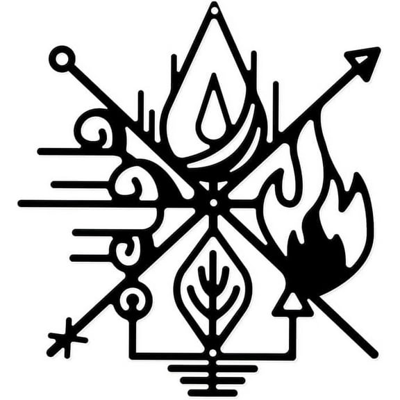 4 Elements Wall Decor Wind Water Earth Fire Vector Symbols Wall Sculpture Black Metal Art Ornament Decorative Iron Wall Hanging Artwork with Screws for Indoor Outdoor Home