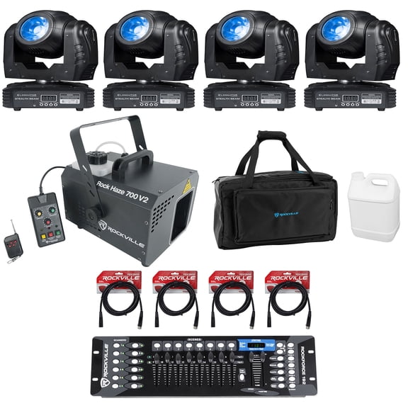 (4) Eliminator Stealth Beam RGBW LED Moving Head Lights+DMX Controller+Hazer+Bag