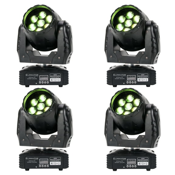 (4) Eliminator Stealth Wash Zoom 7 x 12Watt RGBW LED DMX Moving Head Wash Lights