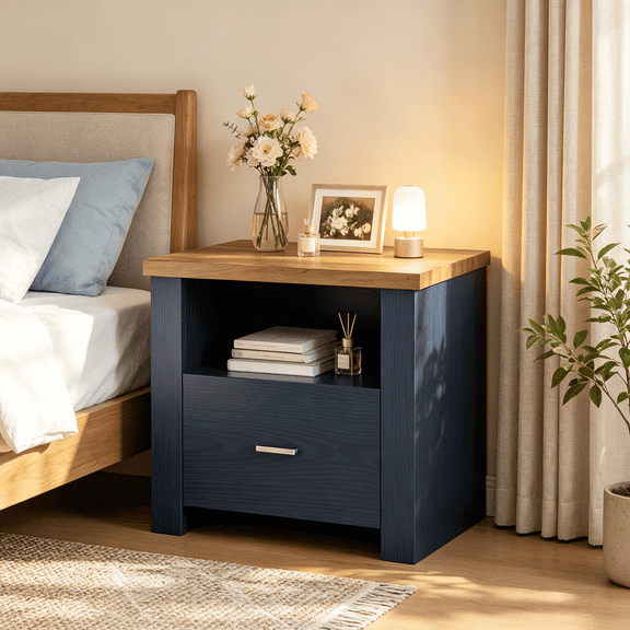 4 Ever Winner 23 Inch Blue Nightstand with Storage Drawer, Wide Bedside End Table for Bedroom & Living Room