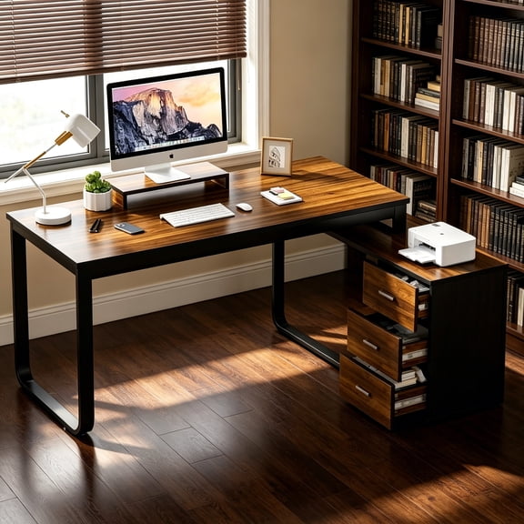 4 Ever Winner 55 Inch Reversible L Shaped Desk with 3 Storage Drawers, Computer Desk with Shelves and Monitor Stand, Corner Desk for Small Spaces, Black
