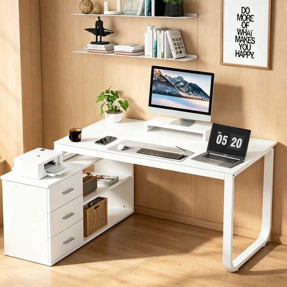 4 Ever Winner 55 Inch White Reversible L Shaped Desk with 3 Storage Drawers, Computer Desk with Shelves and Monitor Stand, Corner Desk for Small Spaces, White