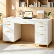 4 Ever Winner 57" Computer Desk with Storage, White and Gold with 7 Drawers, Executive Desk with File Drawers, Home Office Desk for Home Office, White and Gold