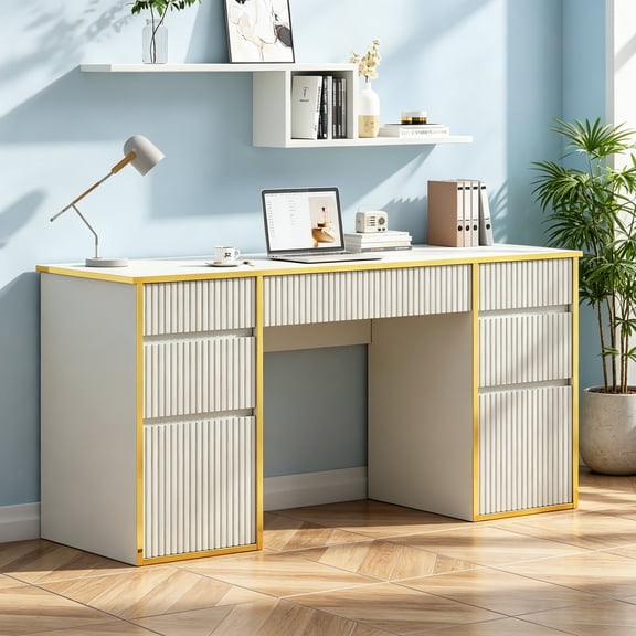 4 Ever Winner 58 inch Executive Desk with Drawers, Computer Desk with 7 Drawers, Home Office Desk for Work Study Writing, White and Gold