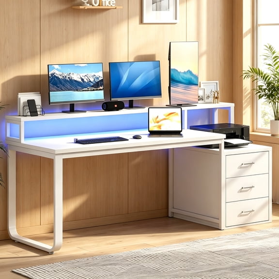 4 Ever Winner 67 inch White Desk with Monitor Stand, Computer Desk with Adjustable LED Light, Reversible Home Office Desk with 3 Storage Drawers, White