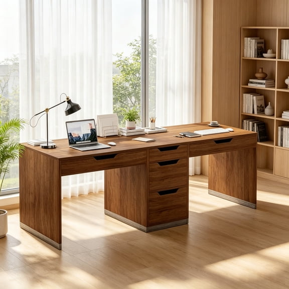4 Ever Winner 78 inch Two Person Desk with 5 Drawers, Computer Desk with Storage for 2 People, Home Office Workstation Desk, Modern Writing Table, Brown