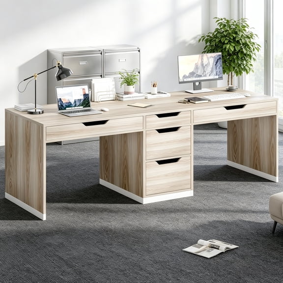 4 Ever Winner 78 inch Two Person Desk with 5 Drawers, Computer Desk with Storage for 2 People, Home Office Workstation Desk, Modern Writing Table, White and Walnut